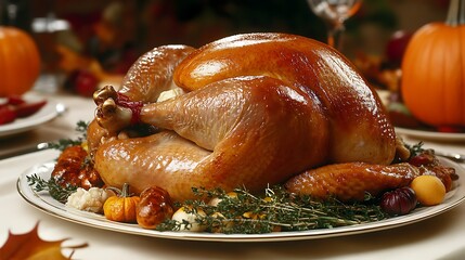 Wall Mural - Thanksgiving dining table with roast turkey and a minimalist fall decor
