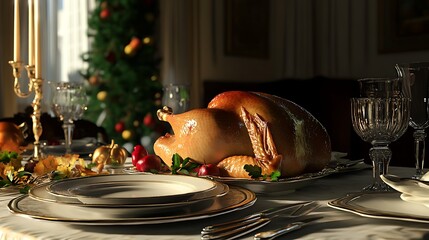 Wall Mural - Thanksgiving dining table with roast turkey and an elegant silverware set