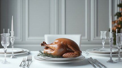 Wall Mural - Thanksgiving dining table with roast turkey and an elegant silverware set