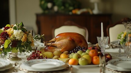 Wall Mural - Thanksgiving dining table with roast turkey and an assortment of seasonal fruits