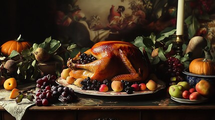 Wall Mural - Thanksgiving dining table with roast turkey and an assortment of seasonal fruits