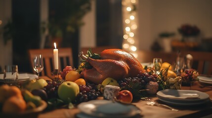 Wall Mural - Thanksgiving dining table with roast turkey and an assortment of seasonal fruits