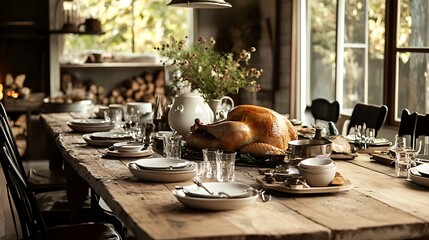Wall Mural - Thanksgiving dining table with roast turkey and a rustic charm