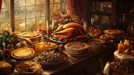 Wall Mural - Thanksgiving dining table with roast turkey and an assortment of Thanksgiving pies