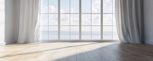 Poster - Empty room with sea view and white curtains: modern interior design