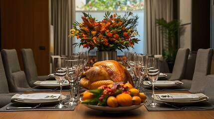 Wall Mural - Thanksgiving dining table with roast turkey and a classic autumnal theme