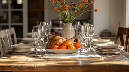 Wall Mural - Thanksgiving dining table with roast turkey and a classic autumnal theme