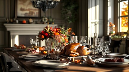 Wall Mural - Thanksgiving dining table with roast turkey and a classic autumnal theme