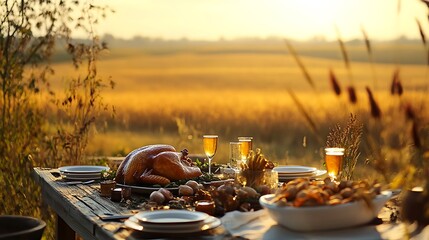 Wall Mural - Thanksgiving dining table with roast turkey and a backdrop of golden fields