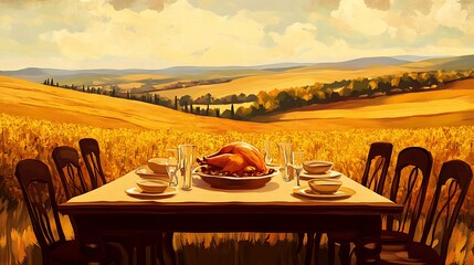 Wall Mural - Thanksgiving dining table with roast turkey and a backdrop of golden fields