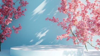 Poster - Pink cherry blossom branches framing empty podium on light blue background