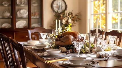 Wall Mural - Thanksgiving dining table with roast turkey and a touch of elegance