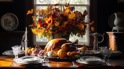 Wall Mural - Thanksgiving dining table with roast turkey and a vibrant fall foliage arrangement