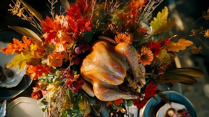 Wall Mural - Thanksgiving dining table with roast turkey and a vibrant fall foliage arrangement