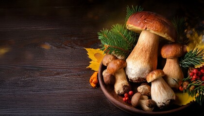 mushrooms on a wooden table. Autumn background with forest mushrooms. Mushroom boletus on dark table. Autumnal compositions