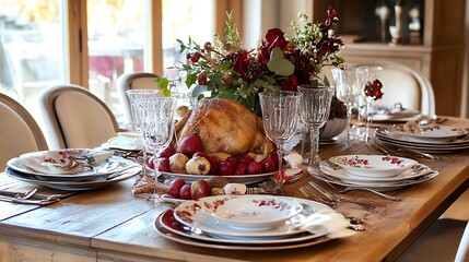 Wall Mural - Thanksgiving dining table with roast turkey and rustic autumn details
