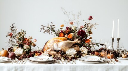 Wall Mural - Thanksgiving dining table with roast turkey and rustic autumn details