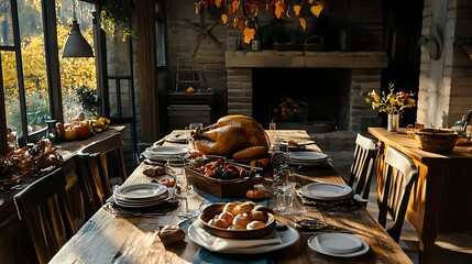 Wall Mural - Thanksgiving dining table with roast turkey and rustic autumn details