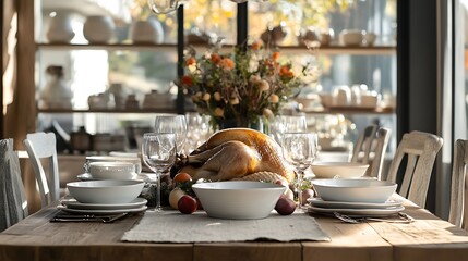 Wall Mural - Thanksgiving dining table with roast turkey and rustic autumn details