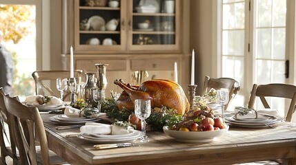 Wall Mural - Thanksgiving dining table with roast turkey and an inviting country-style ambiance