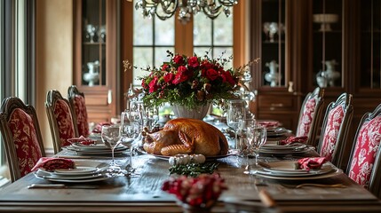 Wall Mural - Thanksgiving dining table with roast turkey and a festive holiday look
