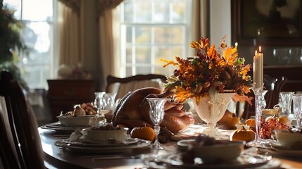 Wall Mural - Thanksgiving dining table with roast turkey and a fall-themed centerpiece