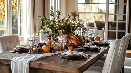Wall Mural - Thanksgiving dining table with roast turkey and a harvest-inspired decor