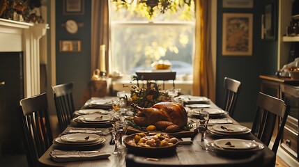 Wall Mural - Thanksgiving dining table with roast turkey and a harvest-inspired decor