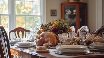 Wall Mural - Thanksgiving dining table with roast turkey and a cornucopia centerpiece