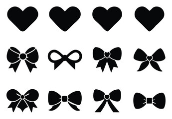 Heart and Bow Silhouettes Collection. Romantic Heart and Bow Shapes. Black and White Vector Art. Vector Pack for Creative Design