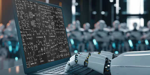 Poster - mathematic equations and brisk formula on computer screen showing concept of science and education