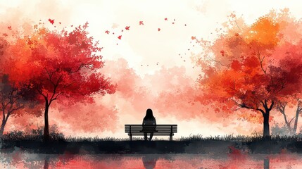 Wall Mural - Woman sits alone on a park bench amidst autumn leaves.