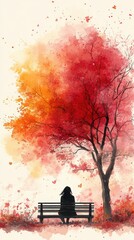 Wall Mural - Woman sits on bench under autumn tree.