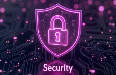 Poster - purple glowing shield with lock graphic security. electronic circuit board backdrop implies tech. pr