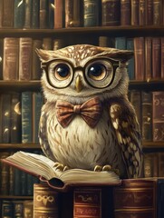 Leinwandbilder - Owl portrait wearing glasses and a bow tie in a cozy library with a grand bookshelf behind. Generative AI