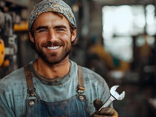 Poster - Proud Industrial Worker in Overalls Smiling with Wrench in Vintage Factory Setting