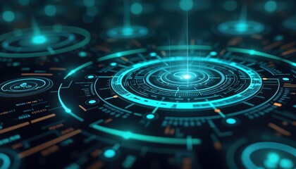 Poster - Futuristic tech interface with glowing circular elements. Modern design concept shows abstract circular data. Glowing lines, shapes in turquoise, cobalt shades create dynamic pattern. Display looks