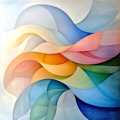 Poster - Serene organic abstract composition featuring softly blended pastel tones interlocking curved shapes flowing lines and delicate impressionistic textural elements  Evoking a tranquil ethereal