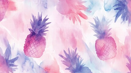 Aufkleber - Colorful watercolor pineapple pattern with soft hues creating a vibrant tropical backdrop for various designs. Generative AI