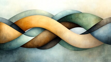 Poster - Graceful abstract artwork featuring intertwining curved lines in a harmonious color palette with ethereal and dreamlike brushwork muted earthy tones and intricate interlocking shapes
