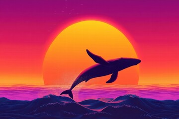 Poster - Whale breaches dramatically against vibrant sunset over calm ocean waters. Generative AI
