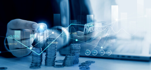Poster - Money business financial graph diagram of coin. Financial growth data or investment market profit bar and success report.Saving money concept.Stack of coins with trading price graph growth.