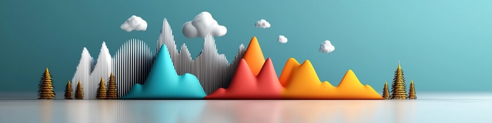 Poster - vibrant 3d rendered graphic showcasing a frequency spectrum landscape with stylized mountains hills 