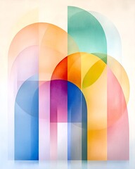 Poster - Vibrant abstract patterns with curved geometric shapes delicate pastel hues and a soft filmic photographic effect create a tranquil minimalist aesthetic