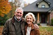 Happy senior couple stands outside home. Autumn day. Content expression. Couple embrace. Homeowner lifestyle. Mature couple. Retirement. Married couple. Residential area. Friendly, confident. Joyful