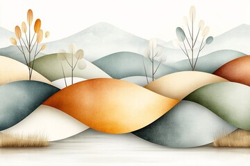 Poster - Elegant abstract wallpaper pattern showcasing sinuous interlocking curved shapes in a warm earthy color scheme rendered with expressive digital brushstrokes and high definition visual clarity