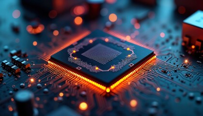  - Advanced microchip embedded in circuit board. High-tech chip with glowing connections. Futuristic tech detail. Complex motherboard design. Tech innovation. Computer hardware closeup. Complex circuit