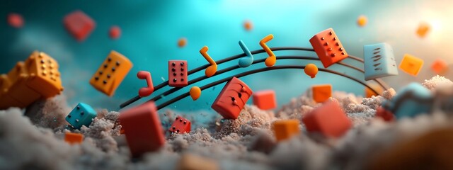Poster - an abstract and colorful 3d digital rendering of a musical staff with dynamic notes frequencies and 