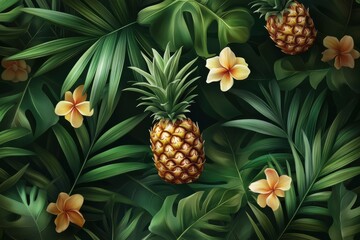 Poster - Tropical seamless pattern showcases vibrant pineapples and lush green foliage amid cheerful flowers in a refreshing setting. Generative AI