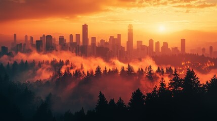 Poster - Dramatic Sunset Over City Skyline Surrounded by Mystical Forest and Fog